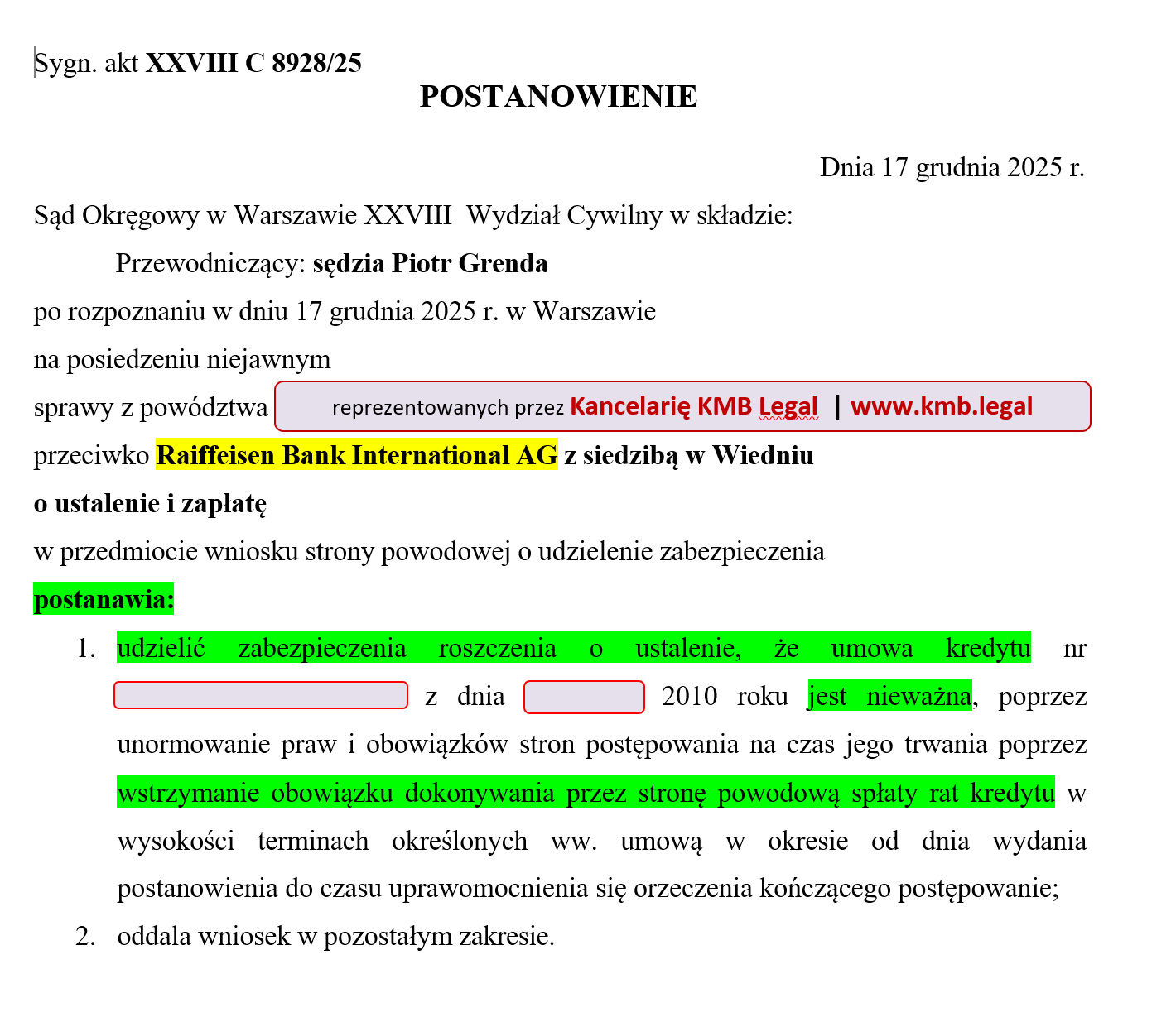 Wstrzymanie rat kredyt EUR Raiffeisen